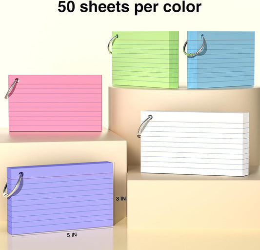 250-Pack Colorful 3 × 5-Inch Index Cards with Binder Rings